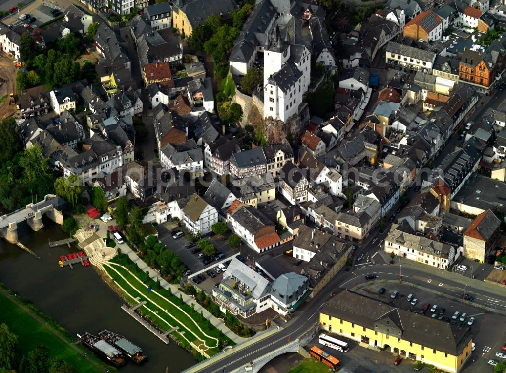 Diez from above - View of the building of the DJH Hostel in Diez in Rhineland-Palatinate. The building was originally a count's castle