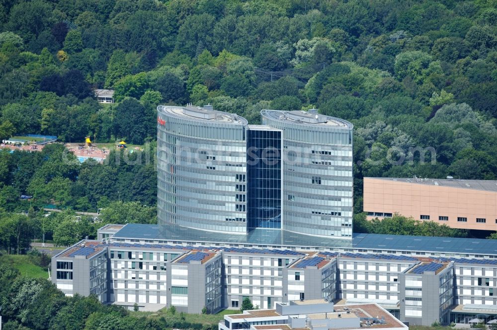 Essen from above - View of the building of E.ON Ruhrgas AG, Essen. The administrative headquarter of the company consists of two adjoining buildings from 63 metres tall office towers. It was created by the architect office PLAN FORWARD GmbH and built from 2008 to 2010