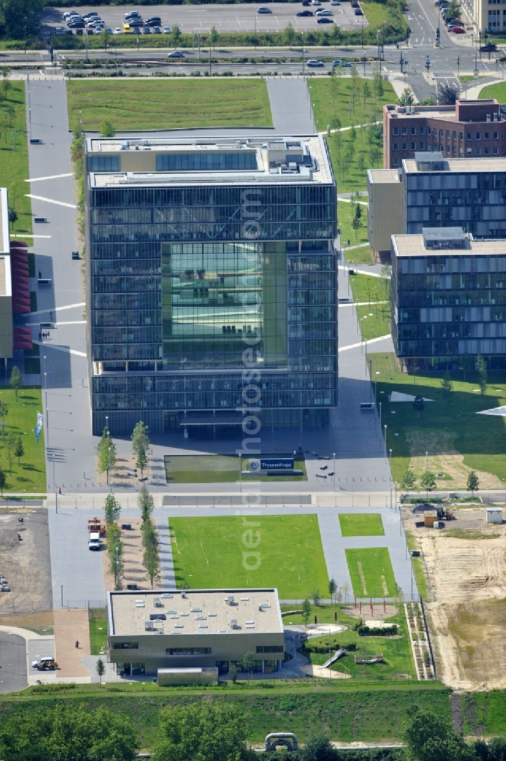 Aerial image Essen - View of the headquarters of ThyssenKrupp AG in Essen. The construction of the core center of the steel company began, after planning by Chaix & Morel et associées and JSWD architects, in 2007 and was completed in 2010