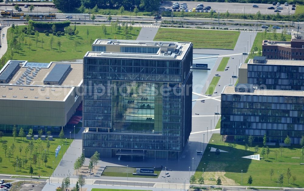 Essen from above - View of the headquarters of ThyssenKrupp AG in Essen. The construction of the core center of the steel company began, after planning by Chaix & Morel et associées and JSWD architects, in 2007 and was completed in 2010