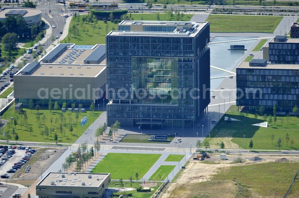 Essen from the bird's eye view: View of the headquarters of ThyssenKrupp AG in Essen. The construction of the core center of the steel company began, after planning by Chaix & Morel et associées and JSWD architects, in 2007 and was completed in 2010