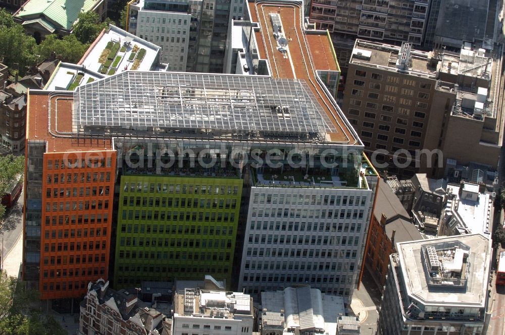 Aerial image London - View of the complex Central Saint Giles in London. The building is a multi-purpose building, designed by the Italian architect Renzo Piano and completed in 2010.The construction is mainly known for its colorful facades in orange, green and blue, and for his tenants, such as NBC Universal and Google