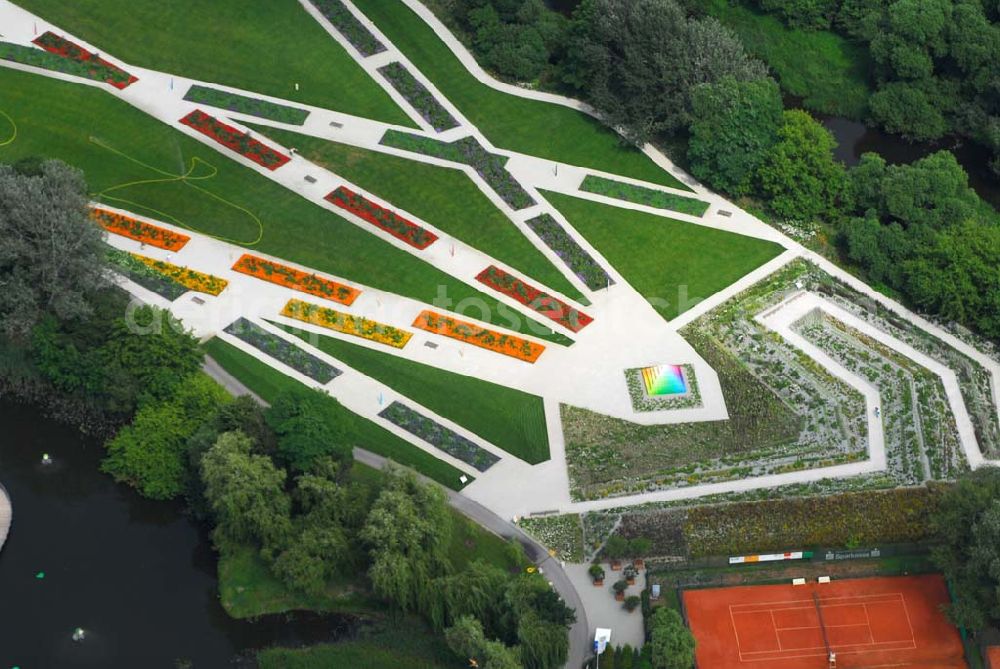 Rathenow from the bird's eye view: Blick auf das Gelände der Landesgartenschau 2006 in Rathenow, die dieses Jahr unter dem Motto Den Farben aud der Spur auf der Schwedendemm-Insel, dem Weinberg und in der Altstadt von Rathenow stattfindet. Kontakt: Landesgartenschau Rathenow 2006 GmbH, Schwedendamm 1, 14712 Rathenow, info@laga-rathenow2006.de,