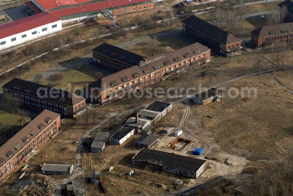 Bernau from the bird's eye view: ; Blick auf das Gewerbegebiet in Bernau-Rehberge; ehemalige Luftnachrichtenkaserne wurde von den sowjetischen Streitkräften genutzt; seit 1996 siedeln sich immer mehr zivile Firmen an; Anschrift: Gewerbegebiet; 16321 Bernau