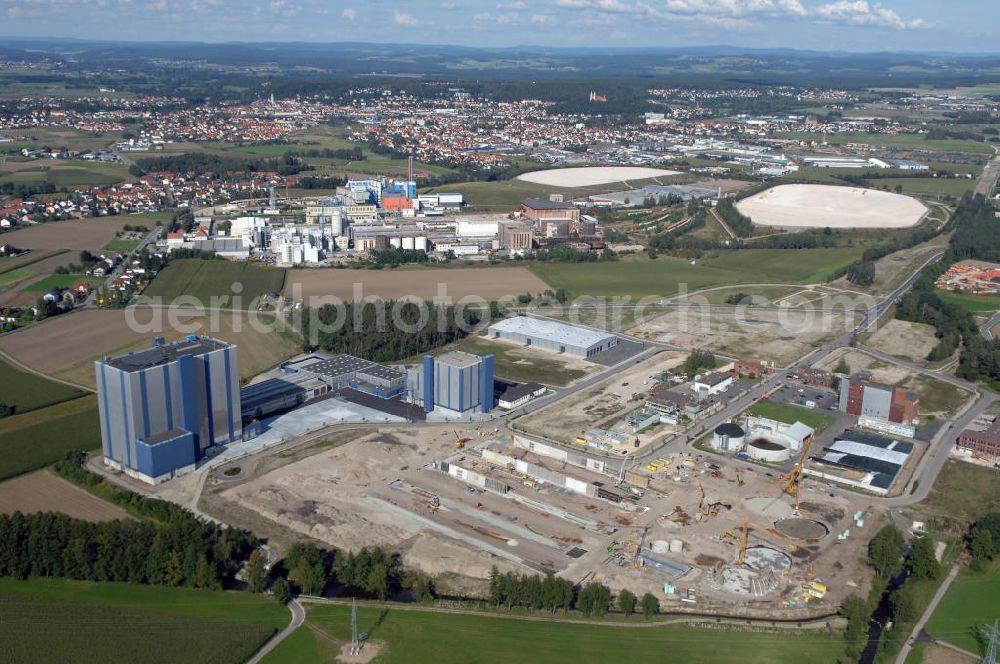 Schwandorf from the bird's eye view: Blick auf das Gewerbegelände des ehemaligen Bayernwerks. Im Bild die Erweiterungsbaustelle der Smack BioGas AG. (Bayernwerk 8, 92421 Schwandorf, Tel.: 094 31/751-0)