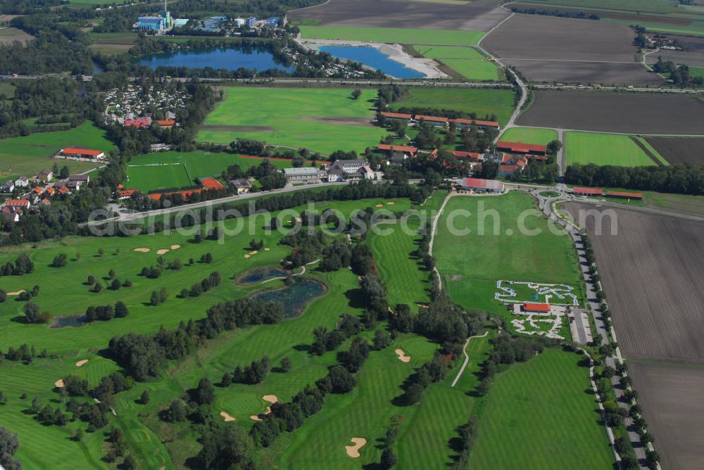 Olching from the bird's eye view: Blick auf den Golfplatz vom Golf-Club Olching e.V., Feursstraße 89, 82140 Olching, Verwaltung Tel. +49 (0)8142 4829-13, Fax +49 (0)8142 4829-14, E-Mail: verwaltung@golfclub-olching.de