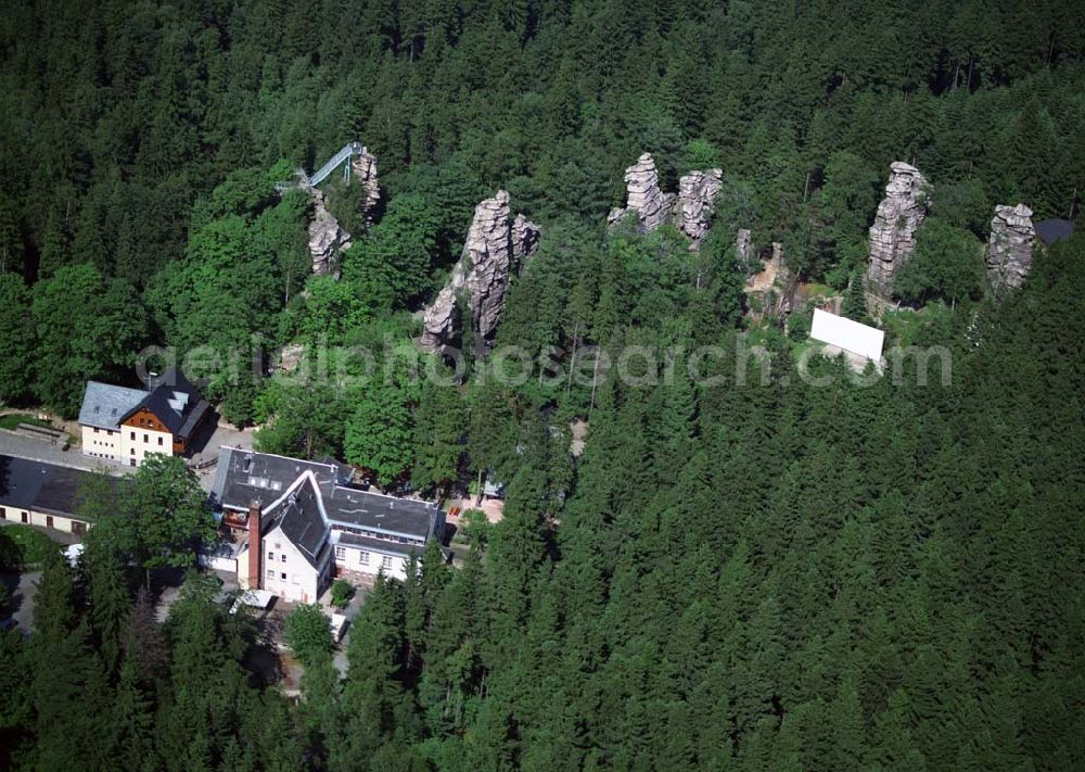 Geyer from the bird's eye view: Blick auf die Felsformation Greifensteine in Geyer,