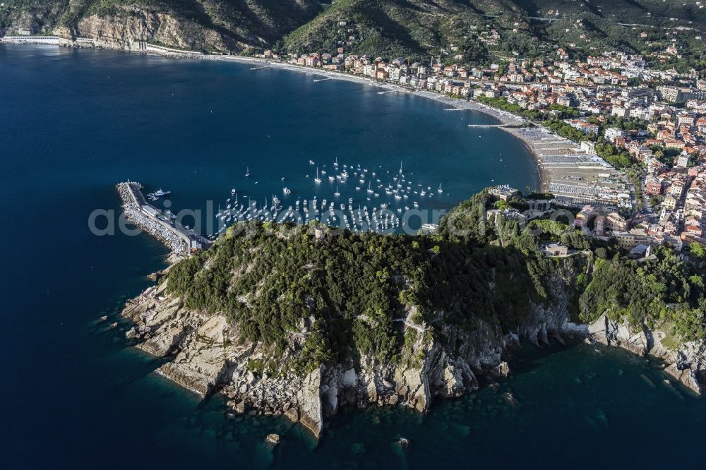 Aerial image Sestri Levante - View to the harbor and the old city Sestri Levante on the mediterranean coast in Liguria in Italy