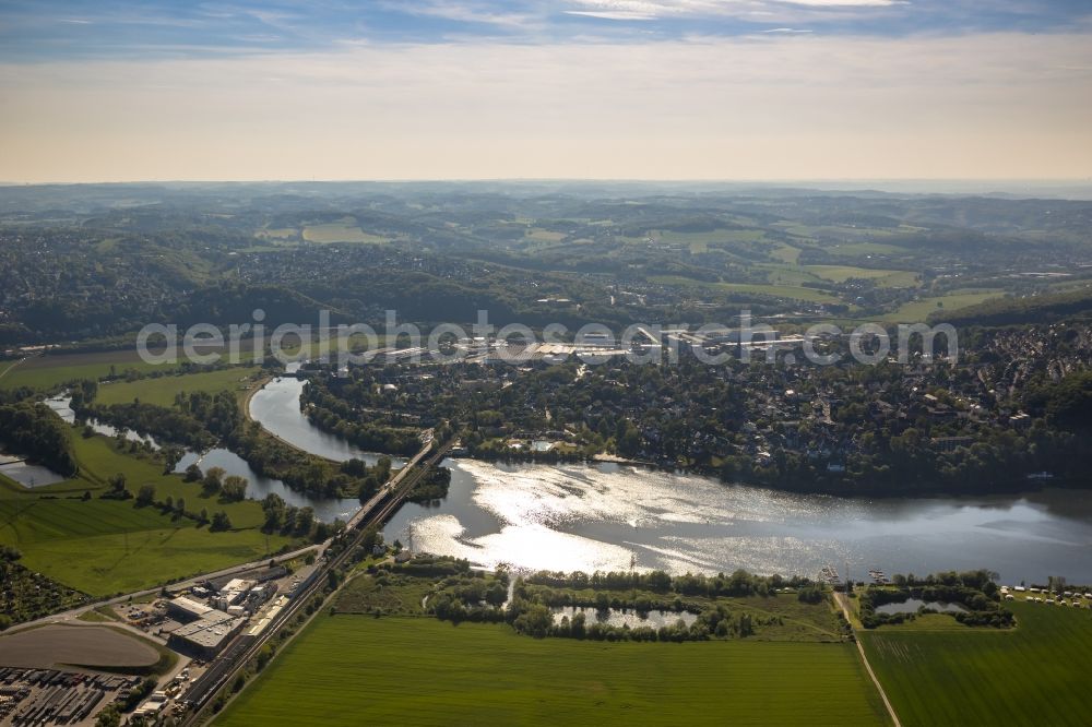 Wetter from the bird's eye view: View of the Harkort lake and the city of Wetter in the state North Rhine-Westphalia. The water reservoir is part of the river Ruhr