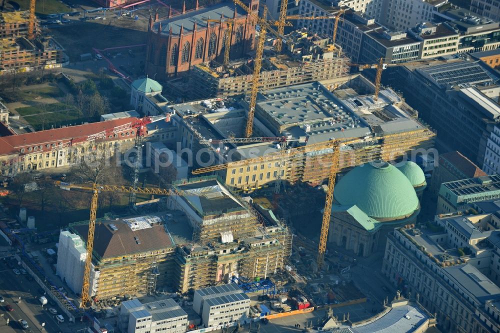 Berlin from the bird's eye view: View of the St. Hedwig's Cathedral and the construction site at Bebelplatz in Berlin Mitte. In the background the Friedrichswerder church can be seen on Werderscher place...