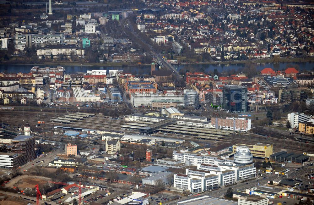 Heidelberg from above - View of the Heidelberg train city district Bergheim with the main station, the training center of the Print Media Academy and the headquarters of the trade association for the chemical industry. The Ernst-Walz bridge over the Neckar River leads to the Im Neuenheimer Feld quarter that is mainly used by the University of Heidelberg