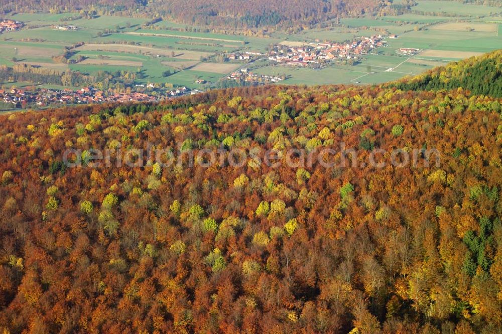 Aerial photograph Hofbieber - 28.10.2005 Hofbieber, Der schöne Wald bei Hofbiebr im Herbst mit dem Ort als Hintergrund.