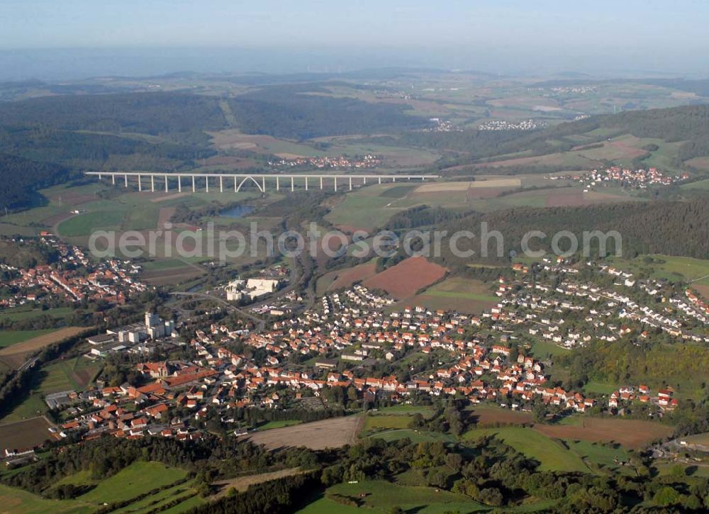 Morschen from above - Blick auf den hessischen Ort Morschen. Im Hintergrund ist die Fuldatalbrücke Morschen (ICE) zu erkennen. Gemeindevorstand der Gemeinde Morschen, In der Haydau 2, 34326 Morschen, Tel.: (0 56 64) 94 94 - 0, Fax: (0 56 64) 94 94 - 94, E-mail gemeindeverwaltung@morschen.de