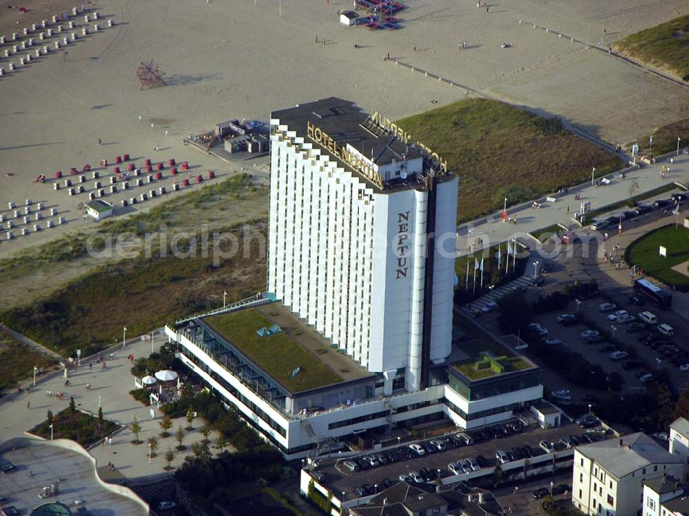 Rostock - Warnemünde from the bird's eye view: Warnemünde:Blick auf das Hotel NEPTUN Seestraße 19; 18119 Warnemünde: Tel. 0381/ 777 871; Fax. 0381/ 777 400; E-Mail: SilkeGreven@hotel-neptun.de