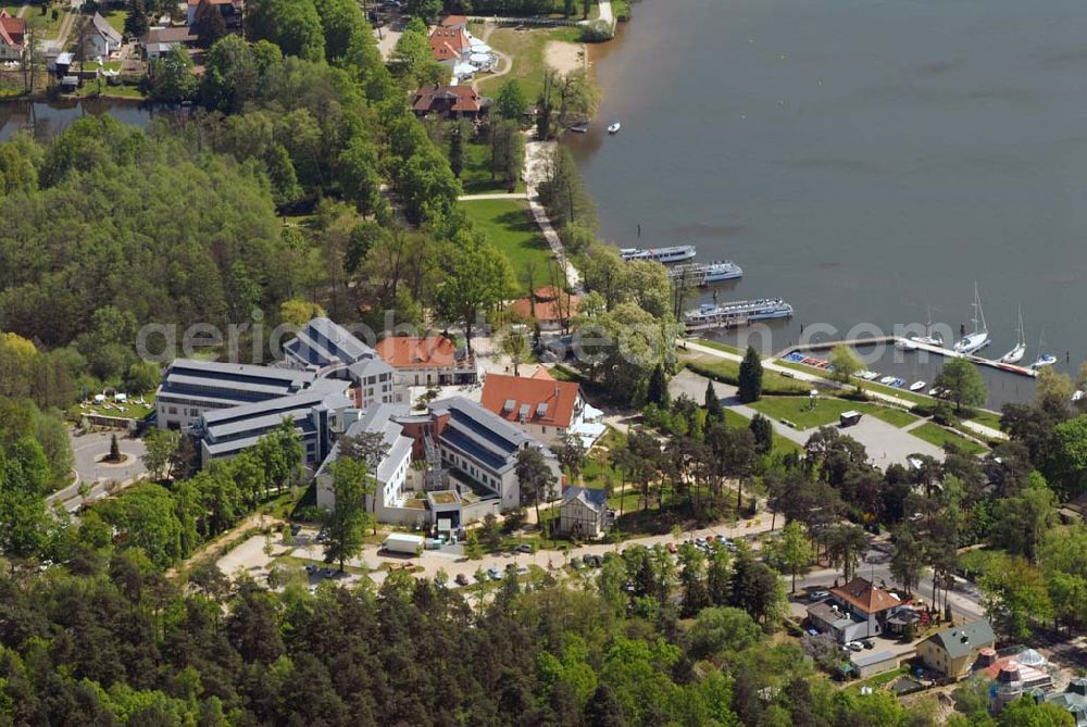 Aerial image Bad Saarow am Scharmützelsee (Brandenburg) - Blick auf die Hotelanlage Hotel Esplanade Resort & Spa im Kurort Bad Saarow am Scharmützelsee (Brandenburg). Zum Gelände gehören u.a. mehrere Restaurants, Swimming Pools und ein kleiner Hafen. Kontakt: Hotel Esplanade Bad Saarow GmbH, Seestraße 49, 15526 Bad Saarow, Tel: +49 (0)33631.432 - 0, Fax: +49 (0)33631.432 - 82 22, info@esplanade-resort.de,