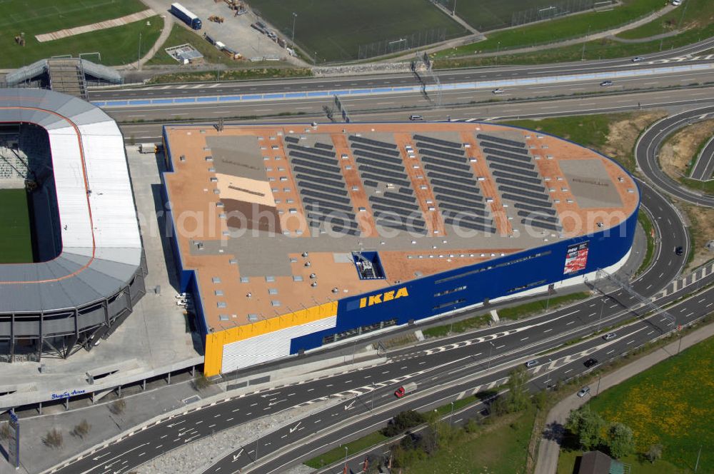 St. Gallen from above - Blick auf das IKEA Einrichtungshaus St. Gallen / Schweiz neben dem Stadion AFG Arena. Adresse: IKEA AG, Niederlassung St. Gallen, Zürcherstrasse 460, CH-9015 St. Gallen