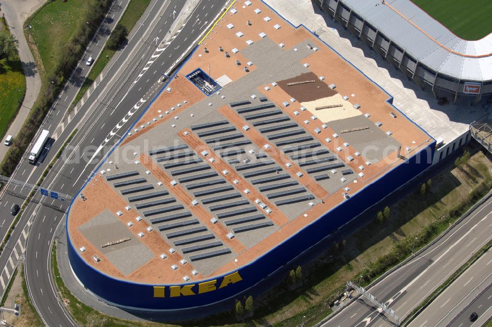 St. Gallen from the bird's eye view: Blick auf das IKEA Einrichtungshaus St. Gallen / Schweiz neben dem Stadion AFG Arena. Adresse: IKEA AG, Niederlassung St. Gallen, Zürcherstrasse 460, CH-9015 St. Gallen