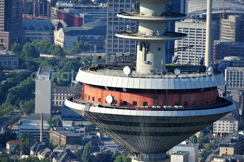 Aerial image Frankfurt am Main - View of the pulpit of the Europe Tower in Frankfurt am Main. The telecommunication tower, which has existed since 1979 and was designed by the architect Johannes Moehrle, is 337.5 meters high and the second highest in Germany. The tower is closed to the public since 1999. Since then, there are only technical rooms in the pulpit