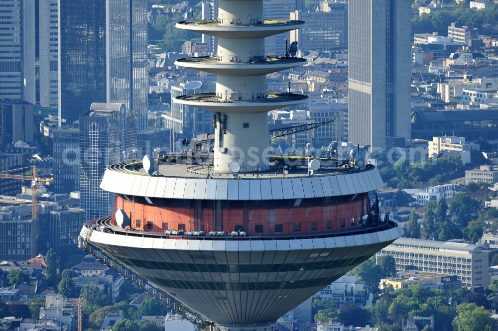 Frankfurt am Main from above - View of the pulpit of the Europe Tower in Frankfurt am Main. The telecommunication tower, which has existed since 1979 and was designed by the architect Johannes Moehrle, is 337.5 meters high and the second highest in Germany. The tower is closed to the public since 1999. Since then, there are only technical rooms in the pulpit