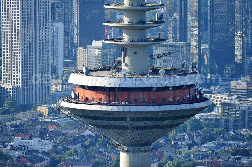 Frankfurt am Main from the bird's eye view: View of the pulpit of the Europe Tower in Frankfurt am Main. The telecommunication tower, which has existed since 1979 and was designed by the architect Johannes Moehrle, is 337.5 meters high and the second highest in Germany. The tower is closed to the public since 1999. Since then, there are only technical rooms in the pulpit