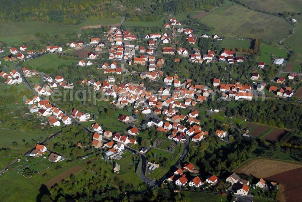 Aerial image Kella - Blick auf Kella. Kella ist eine Gemeinde im thüringischen Landkreis Eichsfeld. Das Dorf gehört zur Verwaltungsgemeinschaft Ershausen/Geismar. Bürgermeister: Silvio Schneider, Büro: Angerweg 5, 37308 Kella, T: 0170/2971857