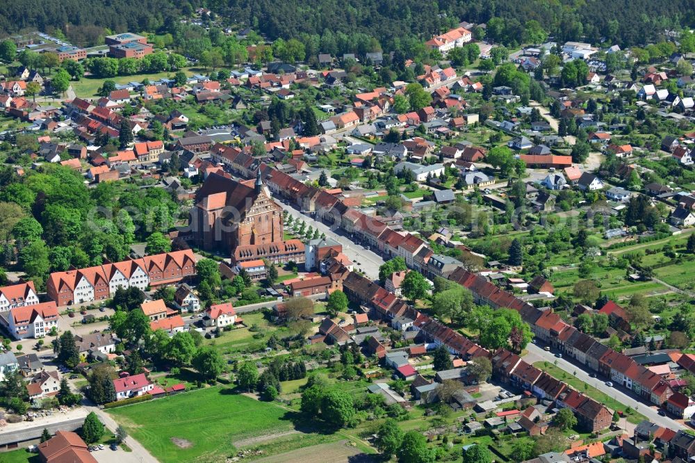 Bad Wilsnack from above - View of the church Wunderblutkirche St. Nicholas in Bad Wilsnack in Brandenburg. The church, which was completed in 1525, is the landmark of the city and was the most famous pilgrimage destination in Northern Europe