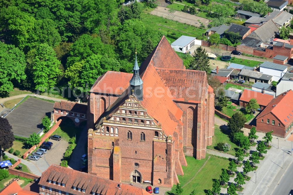 Bad Wilsnack from above - View of the church Wunderblutkirche St. Nicholas in Bad Wilsnack in Brandenburg. The church, which was completed in 1525, is the landmark of the city and was the most famous pilgrimage destination in Northern Europe