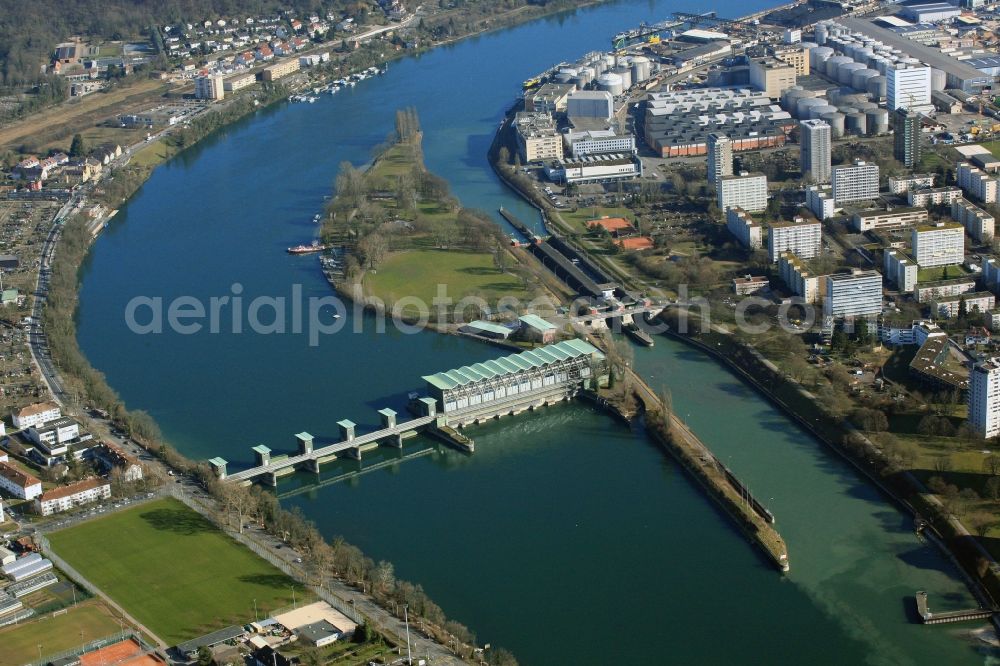 Birsfelden from above - View at the power plant Birsfelden and the adjacent power plant island in Birsfelden in Switzerland