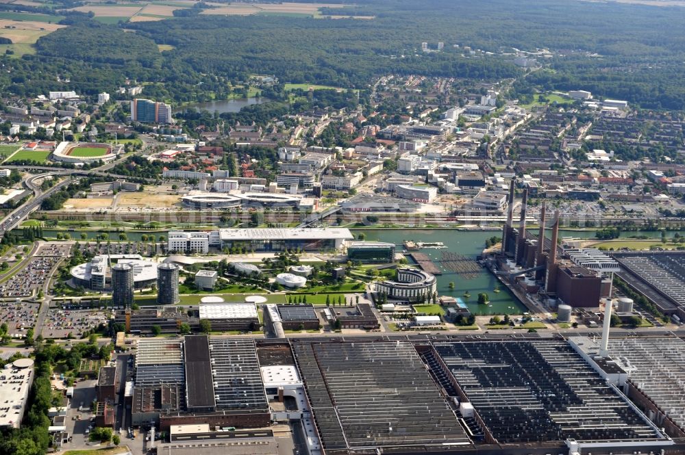 Wolfsburg from above - View of the power plant of Volkswagen factory in Wolfsburg. Supplied by Volkswagen AG and managed by the subsidiary Volkswagen Kraftwerk GmbH, the cogeneration plant supplies the seat and the adjacent Autostadt of the Volkswagen AG with electricity and heat as well as the city of Wolfsburg with district heating