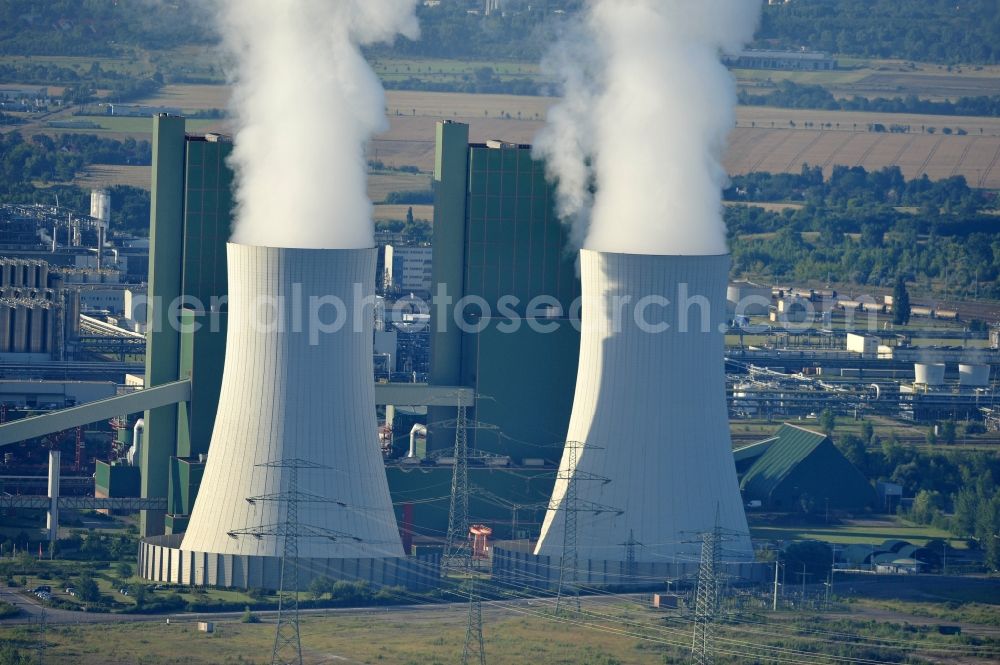 Schkopau from above - View of power plant smokestacks in the mirror image of Rattmansdorfer pond in Schkopau in the state of Saxony-Anhalt. The two chimneys are part of the lignite-fired power plant of E.ON AG