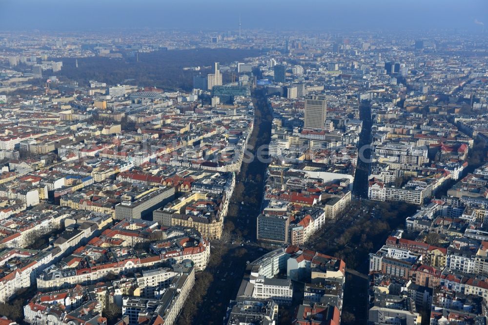 Aerial image Berlin - Overlooking the Kurfuerstendamm and the Hohenzollerndamm in Berlin. In the background the large green area of the Berlin Tiergarten is seen