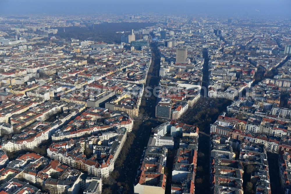 Aerial photograph Berlin - Overlooking the Kurfuerstendamm and the Hohenzollerndamm in Berlin. In the background the large green area of the Berlin Tiergarten is seen