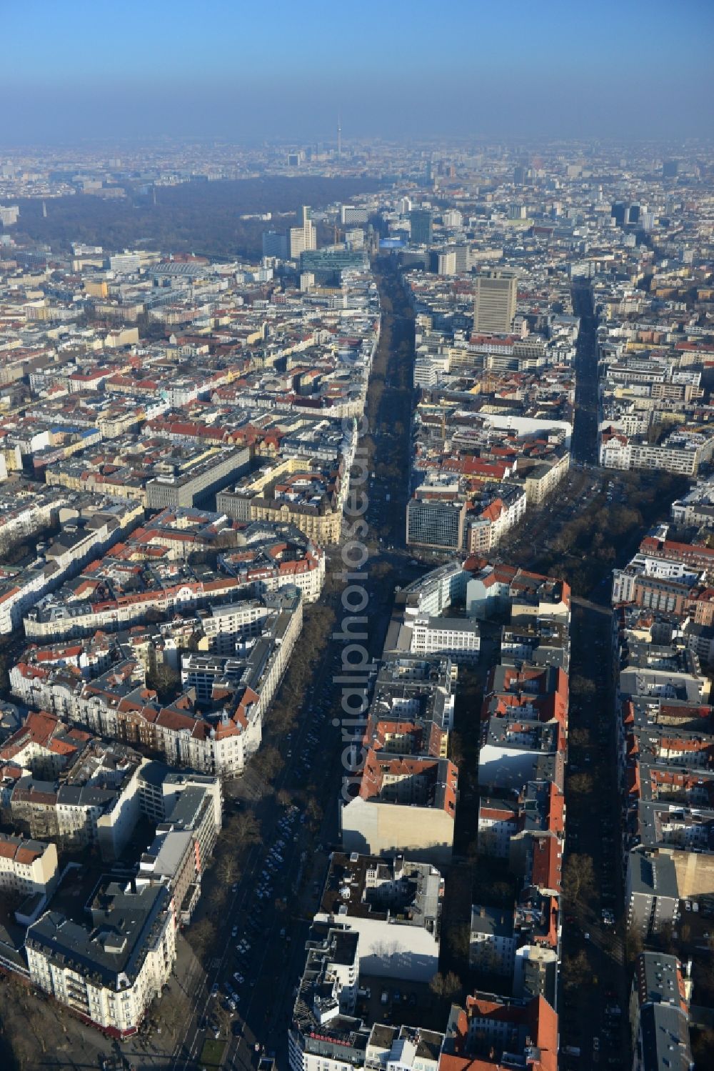 Berlin from above - Overlooking the Kurfuerstendamm and the Hohenzollerndamm in Berlin. In the background the large green area of the Berlin Tiergarten is seen