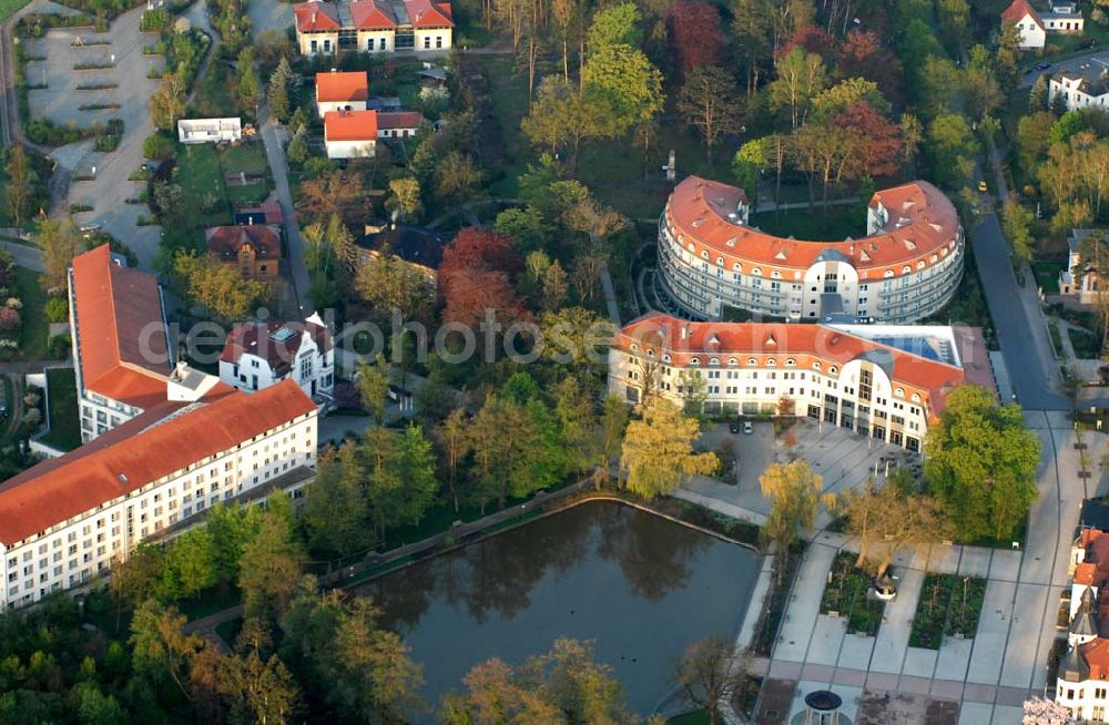 Aerial photograph Bad Schmiedeberg - Blick auf das Kurmittelhaus, die Rehaklinik und das 1908 erbaute Jugendstil-Kurhaus in Bad Schmiedeberg. Kontakt: Kurmittelhaus und Kurhaus: Eisenmoorbad, Bad Schmiedeberg-Kur-GmbH, e-mail: kultur@embs.de,