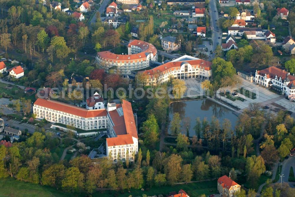 Aerial photograph Bad Schmiedeberg - Blick auf das Kurmittelhaus, die Rehaklinik und das 1908 erbaute Jugendstil-Kurhaus in Bad Schmiedeberg. Kontakt: Kurmittelhaus und Kurhaus: Eisenmoorbad, Bad Schmiedeberg-Kur-GmbH, e-mail: kultur@embs.de,