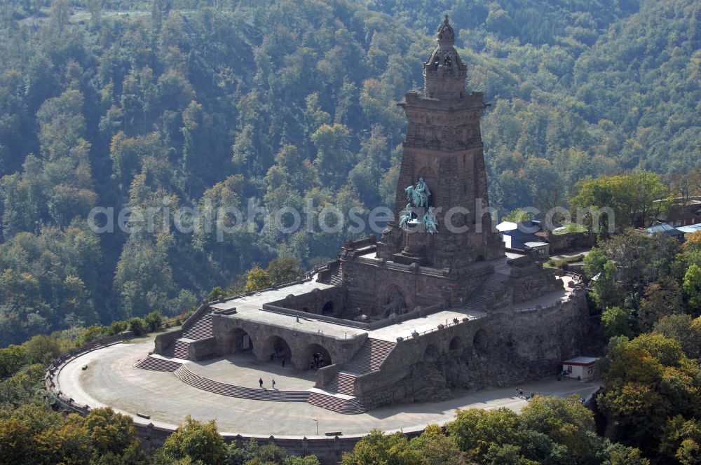 Bad Frankenhausen from the bird's eye view: Blick auf das Kyffhäuser Denkmal, Das 81 Meter hohe Kyffhäuser-Denkmal ragt in der Abenddämmerung aus dem Kyffhäuser-Gebirge bei Bad Frankenhausen im Norden Thüringens heraus. Es wurde zwischen 1891 und 1896 als Kaiser-Wilhelm-Nationaldenkmal errichtet. Das Kyffhäuser-Denkmal ist mit jährlich zirka 200.000 Besuchern neben der Wartburg-Stiftung Eisenach der meistbesuchte Ort in Thüringen.