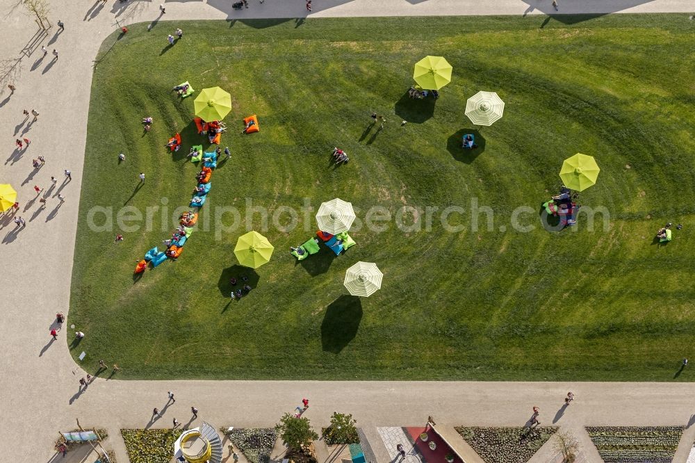 Bamberg from the bird's eye view: View of the horticultural show in the ERBA area in Bamberg in Bavaria. Opened in 2002, the park and recreation area was designed by the landscape architect Hans Brugger. In addition to a fish ladder and the famous pyramid field, the park offers a variety of games and sports fields