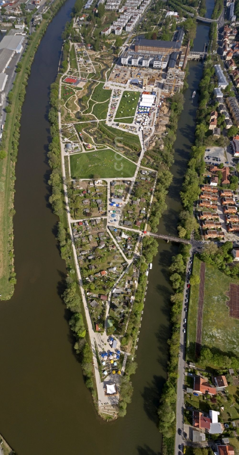 Bamberg from above - View of the horticultural show in the ERBA area in Bamberg in Bavaria. Opened in 2002, the park and recreation area was designed by the landscape architect Hans Brugger. In addition to a fish ladder and the famous pyramid field, the park offers a variety of games and sports fields