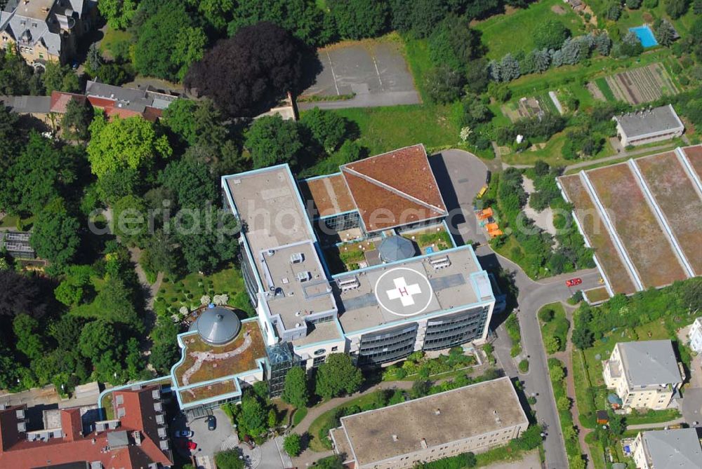 Aerial photograph Leipzig - Blick auf das Leipziger Elisabethkrankenhaus (St. Elisabeth Krankenhaus Leipzig Akademisches Lehrkrankenhaus der Universität Leipzig Biedermannstraße 84 04277 Leipzig Gemeinnützige Gesellschaft mbH des Katholischen Kirchenlehens St. Trinitatis zu Leipzig Tel.: (0341) 3959 - 0 Fax: (0341) 3959 - 233 E-Mail: info@ek-leipzig.de Achim Walder: