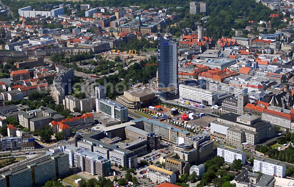 Aerial image Leipzig - Blick auf die Leipziger Innenstadt und den Augustusplatz mit Uniriesen (heute MDR-City-Hochhaus, Kantstr. 71 - 73, D-04275 Leipzig, Telefon: 0341-3000, E-Mail: neue-medien@mdr.de), Gewandhaus (Gewandhaus zu Leipzig, Augustusplatz 8, 04109 Leipzig, Postfach 10 08 53, 04008 Leipzig, Telephon: 0341 12 70-0, URL: