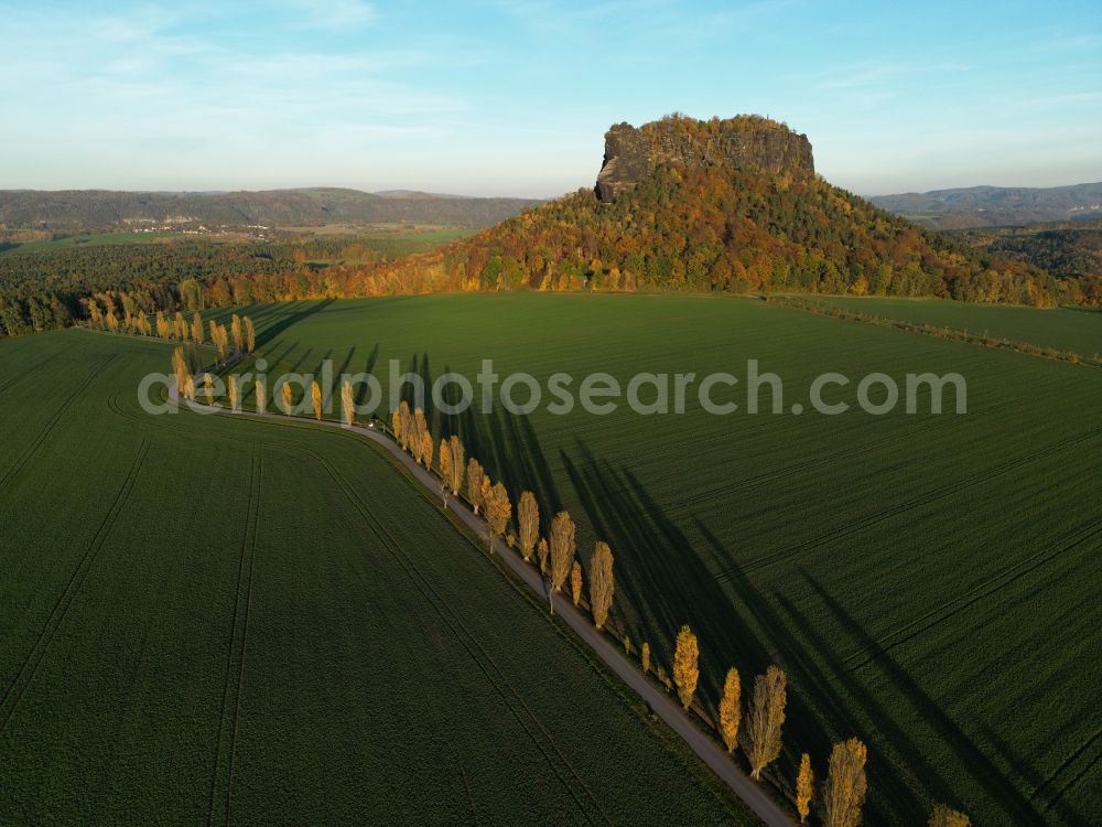 Porschdorf from the bird's eye view: View of the Lilienstein and the Elbe Valley in Saxon Switzerland near Prossen in the state of Saxony. The landscape on the banks of the Elbe is part of the Saxon Switzerland National Park