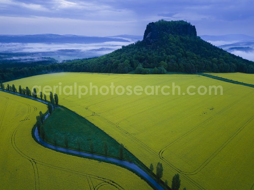 Aerial photograph Porschdorf - View of the Lilienstein and the Elbe Valley in Saxon Switzerland near Prossen in the state of Saxony. The landscape on the banks of the Elbe is part of the Saxon Switzerland National Park