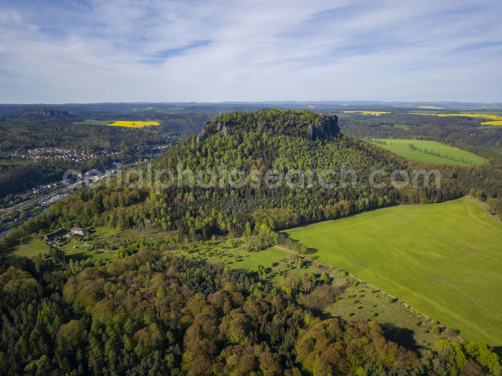 Porschdorf from above - View of the Lilienstein and the Elbe Valley in Saxon Switzerland near Prossen in the state of Saxony. The landscape on the banks of the Elbe is part of the Saxon Switzerland National Park