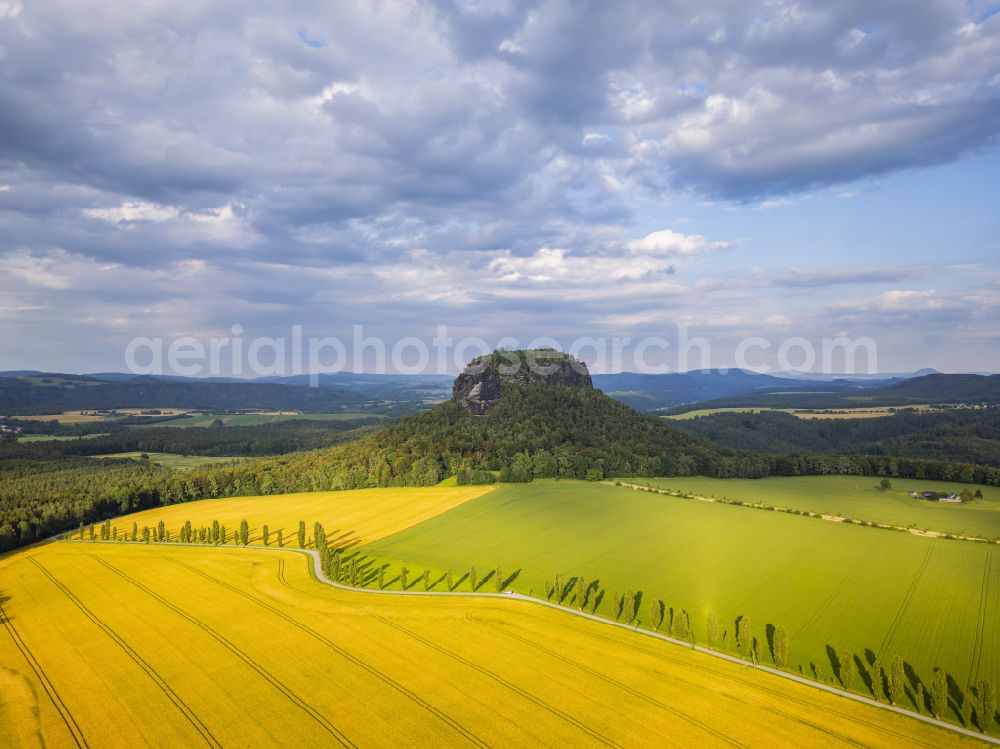 Porschdorf from the bird's eye view: View of the Lilienstein and the Elbe Valley in Saxon Switzerland near Prossen in the state of Saxony. The landscape on the banks of the Elbe is part of the Saxon Switzerland National Park