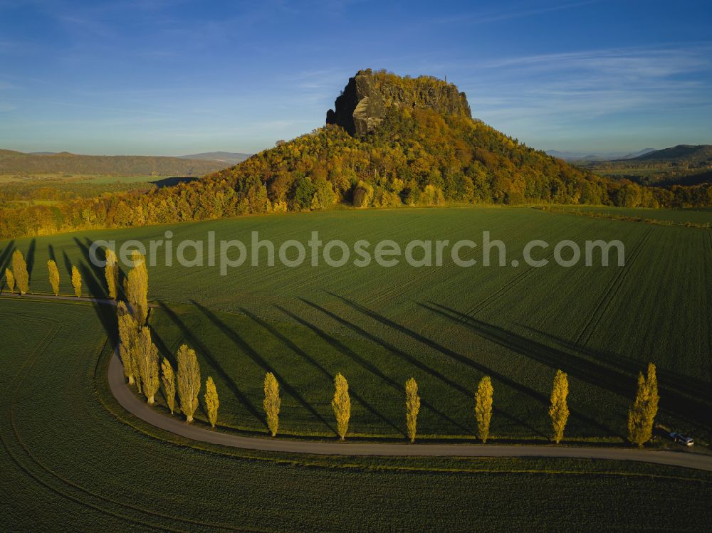 Porschdorf from above - View of the Lilienstein and the Elbe Valley in Saxon Switzerland near Prossen in the state of Saxony. The landscape on the banks of the Elbe is part of the Saxon Switzerland National Park