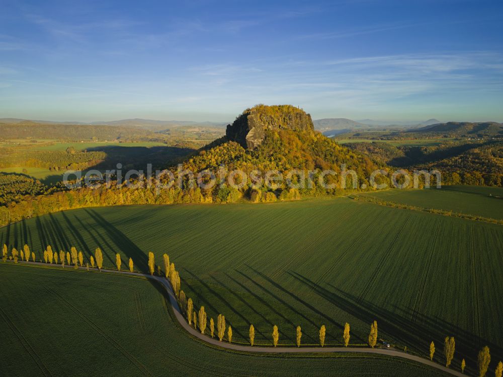 Aerial image Porschdorf - View of the Lilienstein and the Elbe Valley in Saxon Switzerland near Prossen in the state of Saxony. The landscape on the banks of the Elbe is part of the Saxon Switzerland National Park