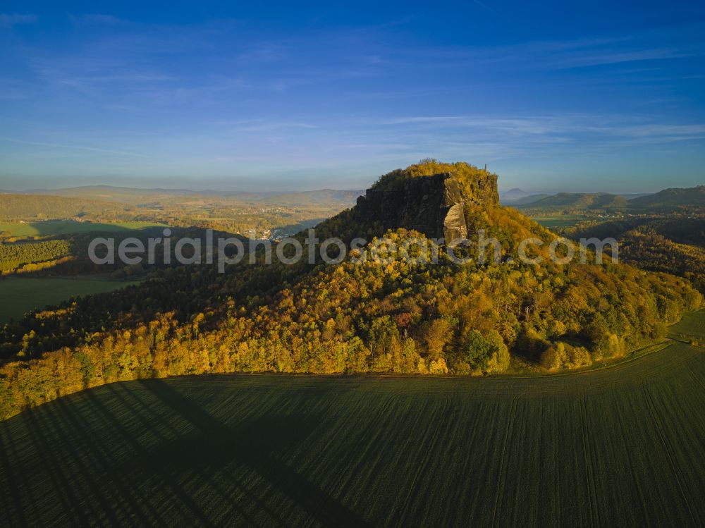 Porschdorf from above - View of the Lilienstein and the Elbe Valley in Saxon Switzerland near Prossen in the state of Saxony. The landscape on the banks of the Elbe is part of the Saxon Switzerland National Park