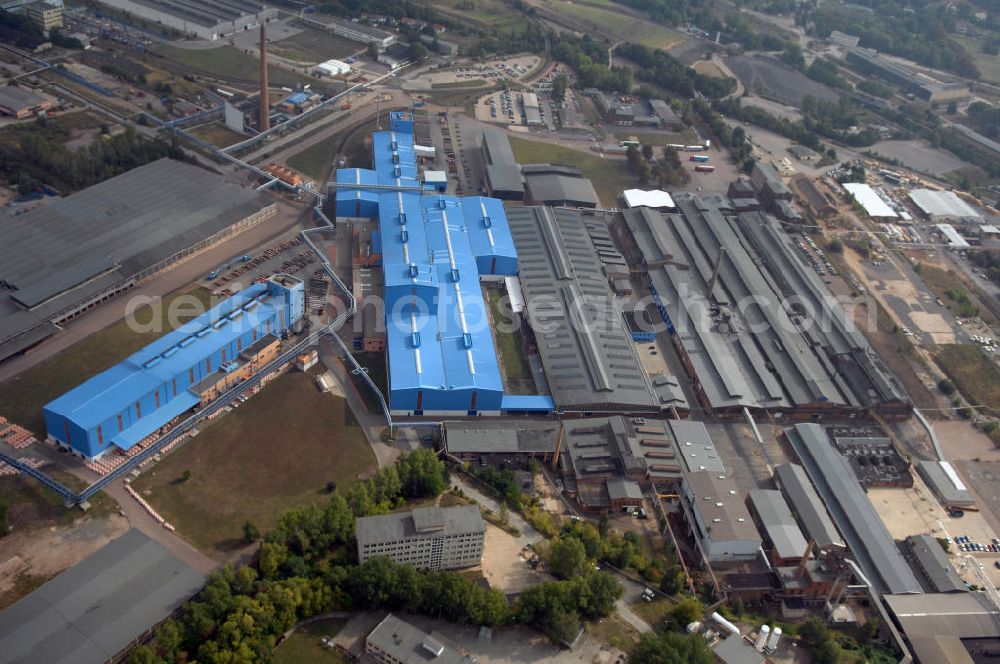 Hettstedt from the bird's eye view: Blick auf die Mansfelder Kupfer und Messing GmbH (MKM) in Hettstedt. Das Unternehmen ist ein führender europäischer Hersteller von Vorprodukten und Halbzeugen aus Kupfer und Kupferlegierungen. Mit über 1000 Mitarbeitern und einem Umsatz von 1.366 Mio Euro 2006 ist es das größte Unternehmen der Stadt. Kontakt: Lichtlöcherberg 40, 06333 Hettstedt, Email info@mkm-hett.de, Tel. +49 (0)3476 89 0, Fax +49 (0)3476 81 2476