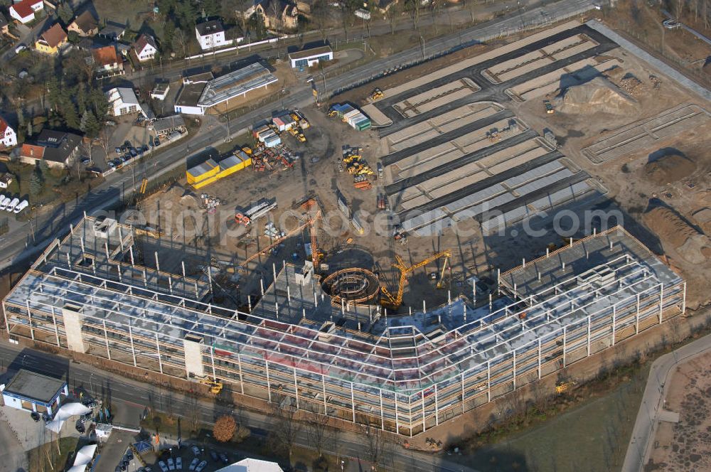 Aerial photograph POTSDAM - Blick auf eine Baustelle in Potsdam-Drewitz. Hier entsteht bis August 2008 ein Einrichtungskomplex des Möbelhaus Porta und der Discounter Möbel Boss. Es sollen 250 Arbeitsplätze geschaffen werden und 50 Mio. Euro investiert werden. Kontakt: Porta Möbel Handelsgesellschaft mbH & Co. KG, Bakenweg 16 - 20, 32457 Porta Westfalica, Tel. +49 (0)5731 609 0