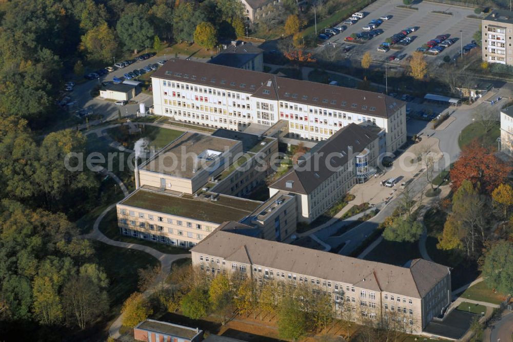 Burg from the bird's eye view: Blick auf das MEDIGREIF Krankenhaus in Burg, das auch akademisches Lehrkrankenhaus der Otto-von-Guericke Universität Magdeburg ist. Kontakt: MEDIGREIF Kreiskrankenhaus Burg GmbH, August-Bebel-Straße 55a 39288 Burg, Tel. +49(0)3921 96 0, Fax +49(0)3921 96 1026, Email: kkhburg.info@medigreif.de